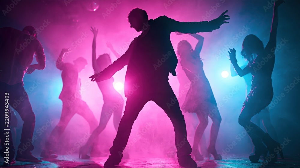 Fototapeta premium Silhouettes of young people dancing in a vibrant nightclub with pink and blue lights