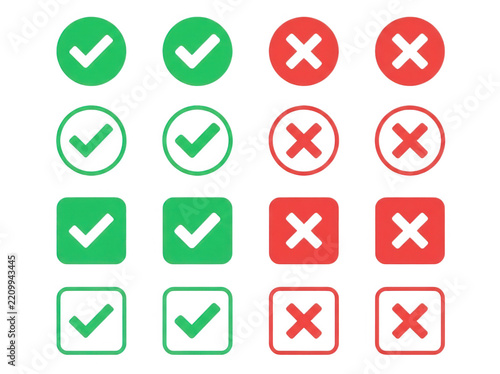 Set of green check marks and red cross icons isolated on a white background