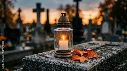 A lit memorial candle inside a glass lantern sits on a stone grave with autumn leaves with tombstone decorated fallen