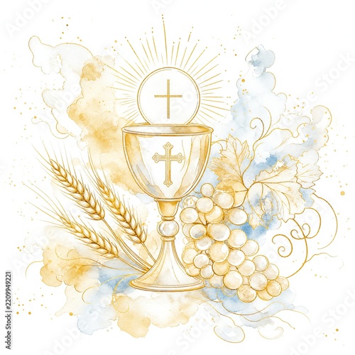 Wheat and Grapes Gold Watercolor Communion Illustration
