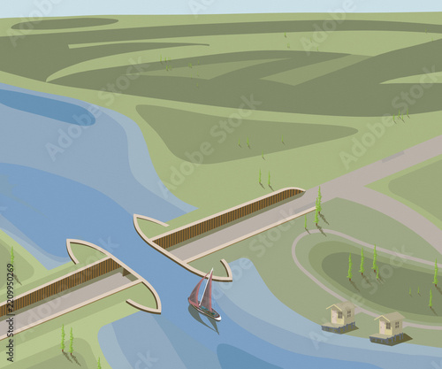 Veluwemeer aqueduct water bridge with sailboat passing