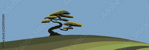 Bonsai tree illustration on minimalist rolling hills