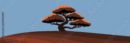 Bonsai tree minimalist landscape during sunset illustration