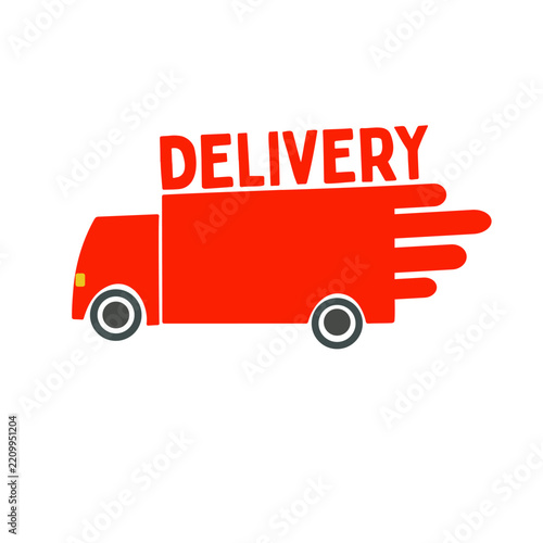 Flat vector illustration of a delivery truck with speed lines, representing fast shipping, courier service, delivery, logistics, and online shopping.