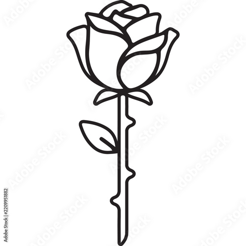 Simple black outline vector illustration of a single rose flower with a stem, thorns, and a leaf, isolated on a dark background.