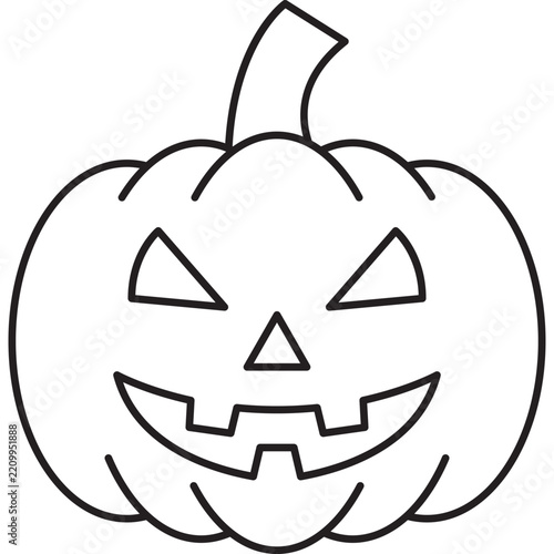 Minimalist vector outline of a carved Halloween pumpkin featuring a classic spooky grinning face, suitable for festive designs and icons.