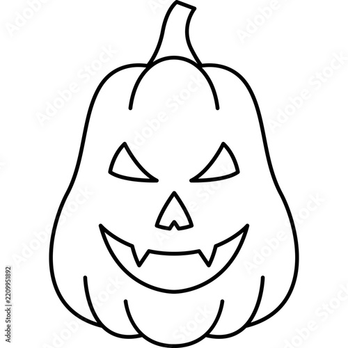 Minimalist line art illustration of a tall Halloween Jack-o'-lantern pumpkin featuring a spooky, fanged grinning face, perfect for holiday designs.