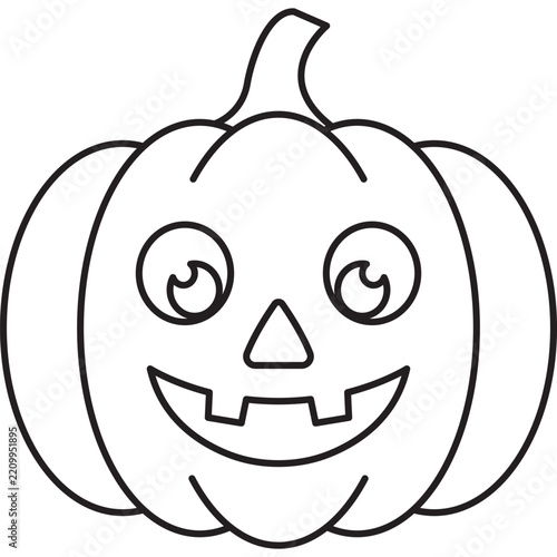 A simple black and white outline illustration of a friendly, smiling Jack-o'-lantern pumpkin, ideal for Halloween coloring pages, crafts, and decorations.