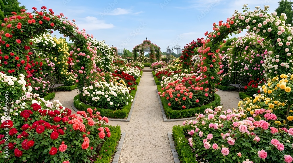 Obraz premium A beautiful rose garden path leads to a distant gazebo on a sunny day