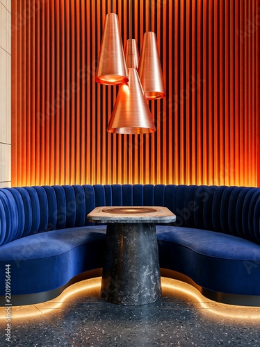 Art Deco Lounge Interior with Blue Curved Seating and Red Wall