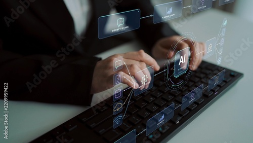 A person types on a keyboard. Agent monitoring accompanies a flow from input to action, bringing task planning, signal processing and output delivery into one connected process.