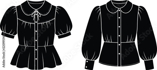 Elegant Black Women’s Blouse Collection Illustration Featuring Peter Pan Collars, Puff Sleeves, Buttons, Waistlines and Vintage Fashion Details