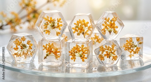 Close Up of Osmanthus Blossoms Encased in Geometric Ice Cubes with Backlight