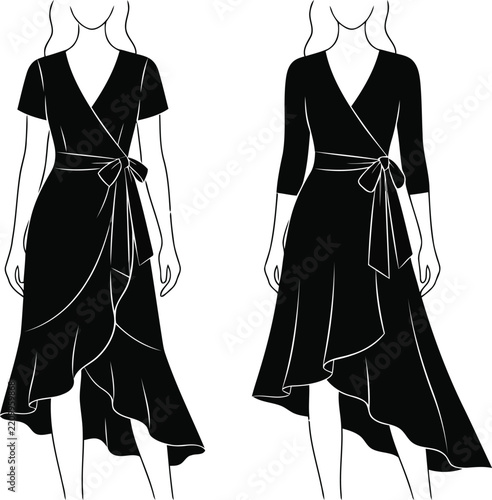 Elegant women’s wrap dress vector illustration with asymmetrical hemline, front and back views, isolated fashion apparel design