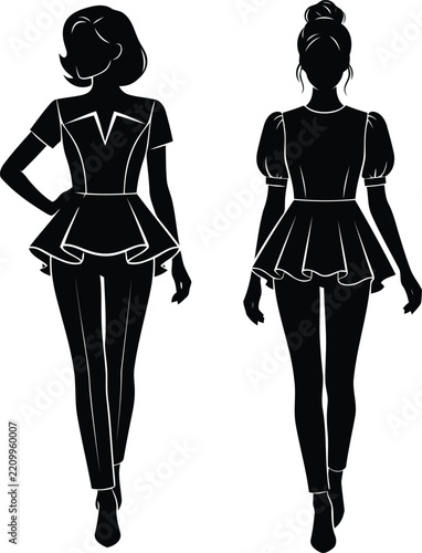 Fashionable women’s peplum blouse and fitted pants vector illustration, front and back views for elegant modern apparel design