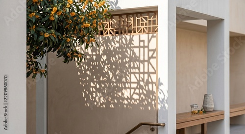 Geometric Shadow Patterns of Osmanthus Tree on Smooth Beige Wall in Minimalist Framing