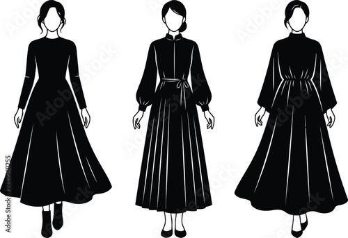 Three Elegant Black Long Dresses for Women, Fashion Silhouette Collection, Classic Evening Wear and Minimalist Vector Illustration