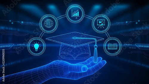 Digital Education and Online Learning Concept with Graduation Cap and Technology Icons