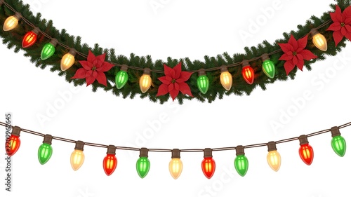 Festive Christmas garland with red poinsettias, evergreen branches and colorful ornaments