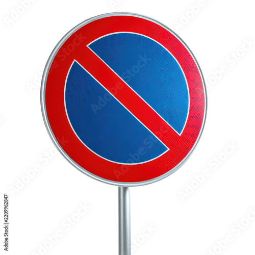 Circular red and blue no parking traffic sign isolated on white background
