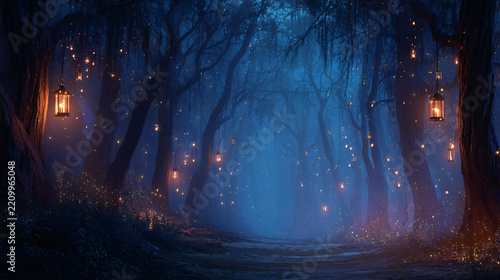 Enchanted Forest Pathway at Night with Lanterns and Fireflies