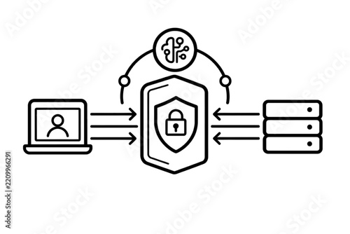 AI cybersecurity icon representing secure data transmission between user laptop and cloud server database with firewall protection