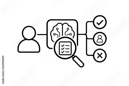 Artificial intelligence recruitment and candidate assessment icon. HR tech evaluation with brain, checklist under magnifying glass, and checkmarks