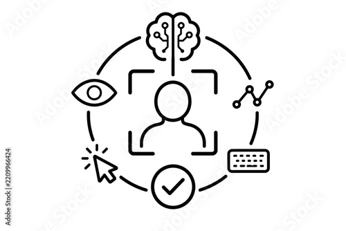 Artificial intelligence human cognitive interface icon with data analysis vision and interaction symbols for user experience design