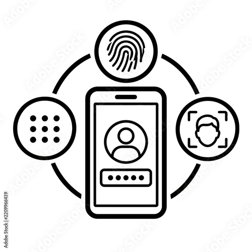 Mobile security authentication icon for digital identity, featuring biometric fingerprint, face recognition, pattern, and password for secure smartphone user access