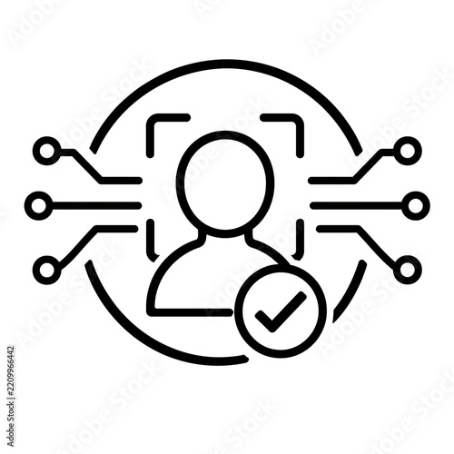 Biometric facial recognition icon representing secure digital identity verification and person authentication with approved checkmark symbol