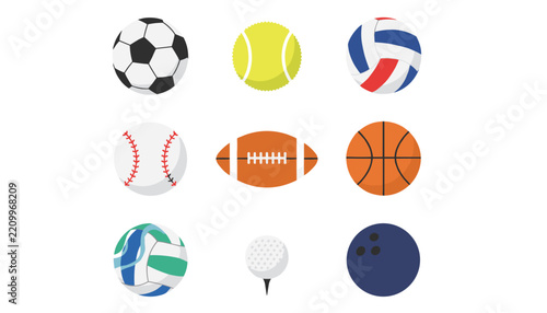 Collection of nine classic sports balls including soccer, basketball, tennis, football, and bowling on a white background.