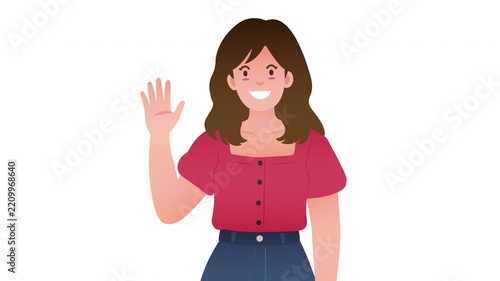 Smiling Young Woman Waving with Warm Welcome Gesture and Casual Red Shirt Character Animation on White Background Prores Alpha 4K 60 fps Looping
