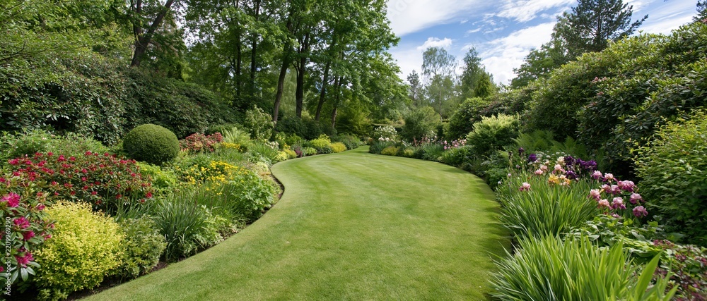 Obraz premium Curving lawn path through blooming flowerbeds in an English garden