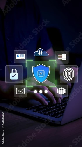 AI cybersecurity and threat protection concept. Person using laptop with artificial intelligence, shield and padlock icons, smart network defense, data privacy and cyber attack prevention