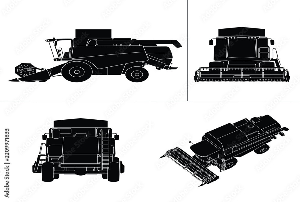 Fototapeta premium Combine Harvester Silhouette Set Vector Illustration for Agricultural Machinery and Farming Designs