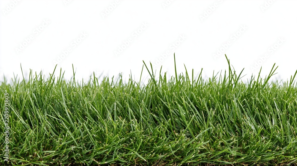 Obraz premium Low wide strip of freshly cut green lawn grass filling the frame against white background