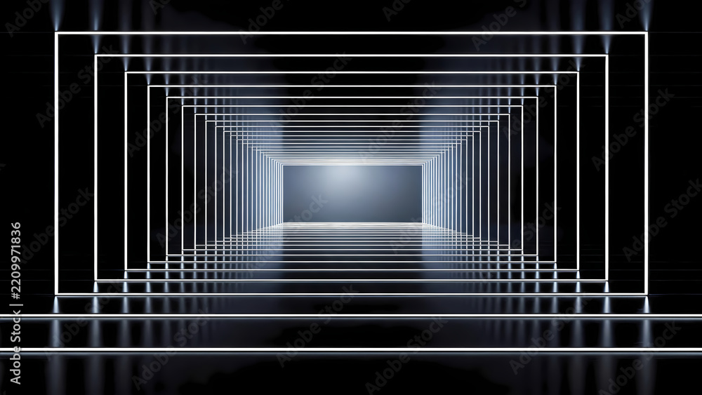 Obraz premium Abstract geometric tunnel with glowing white frames and reflective floor leading to distant light source