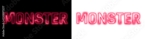 Neon red glowing text sign that says monster with two different high contrast styles for creative design projects and digital graphic displays