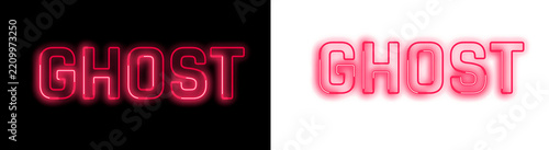 Red neon sign with the word ghost glowing in dark and light versions for halloween party decor or spooky night club signage and graphic design