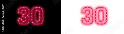 Neon red number thirty glowing on black and white split background for birthday anniversary celebration or countdown timer digital signage design
