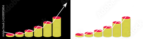 Rising bar chart made of stacks of gold coins with an upward trend arrow showing financial growth and success in business and money investment