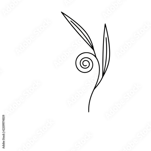 Minimalist line art of a plant stem with leaves and a swirl