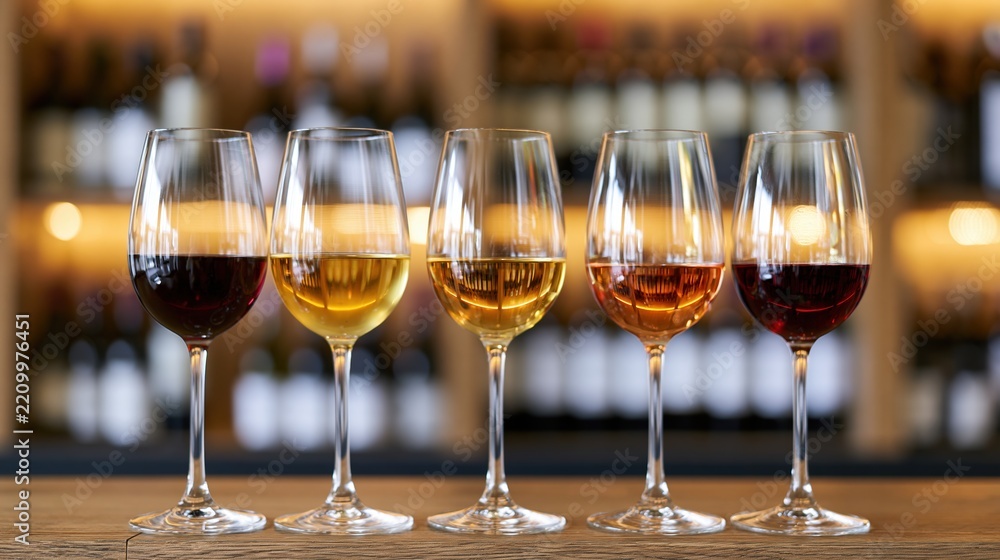 Obraz premium The Five Crystal Wine Glasses on a Warm Wooden Bar Scene