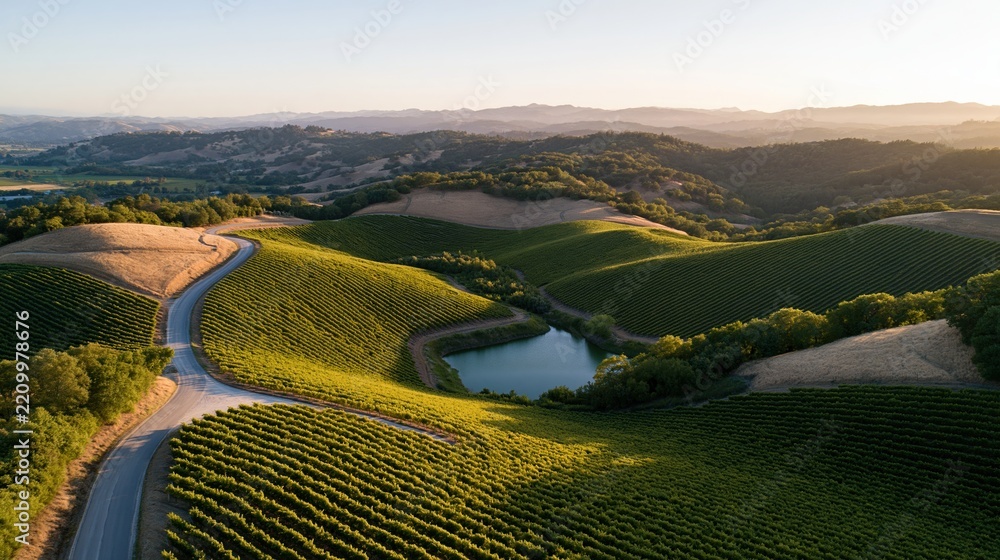 Obraz premium The Vineyard Hillside Road at Sunset Over Rolling Valleys and Pond