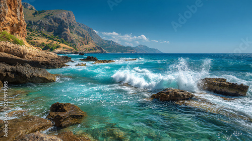 Scenic coastal view with rocky shoreline, blue sky, and rolling waves on bright sunny day