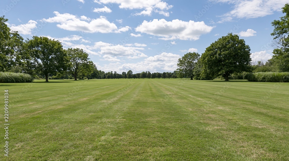 Obraz premium Wide open green lawn stretching to a distant tree line under a blue sky with scattered clouds