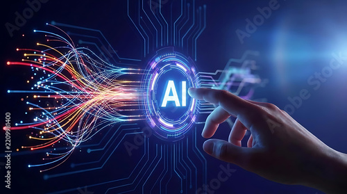 Finger interacting with glowing AI symbol in futuristic digital interface, representing artificial intelligence technology