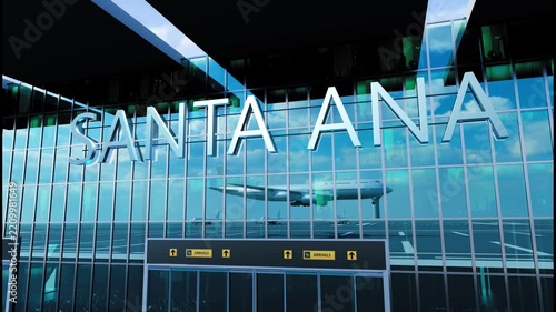 Airlane landing at Santa Ana, USA. Arrival in the city with reflection of airport and aircraft