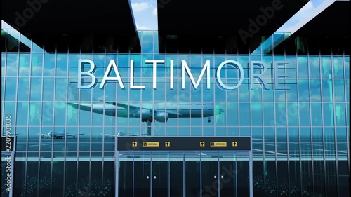 Airlane landing at Baltimore, USA. Arrival in the city with reflection of airport and aircraft