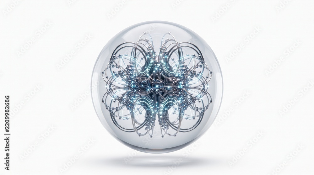 Fototapeta premium Futuristic quantum computer core in glass sphere, metallic node network sphere, artificial intelligence tech visual for science concept